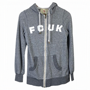 Fcuk Vintage Marled Grey Full Zip Up Hoodie Sweatshirt size XS